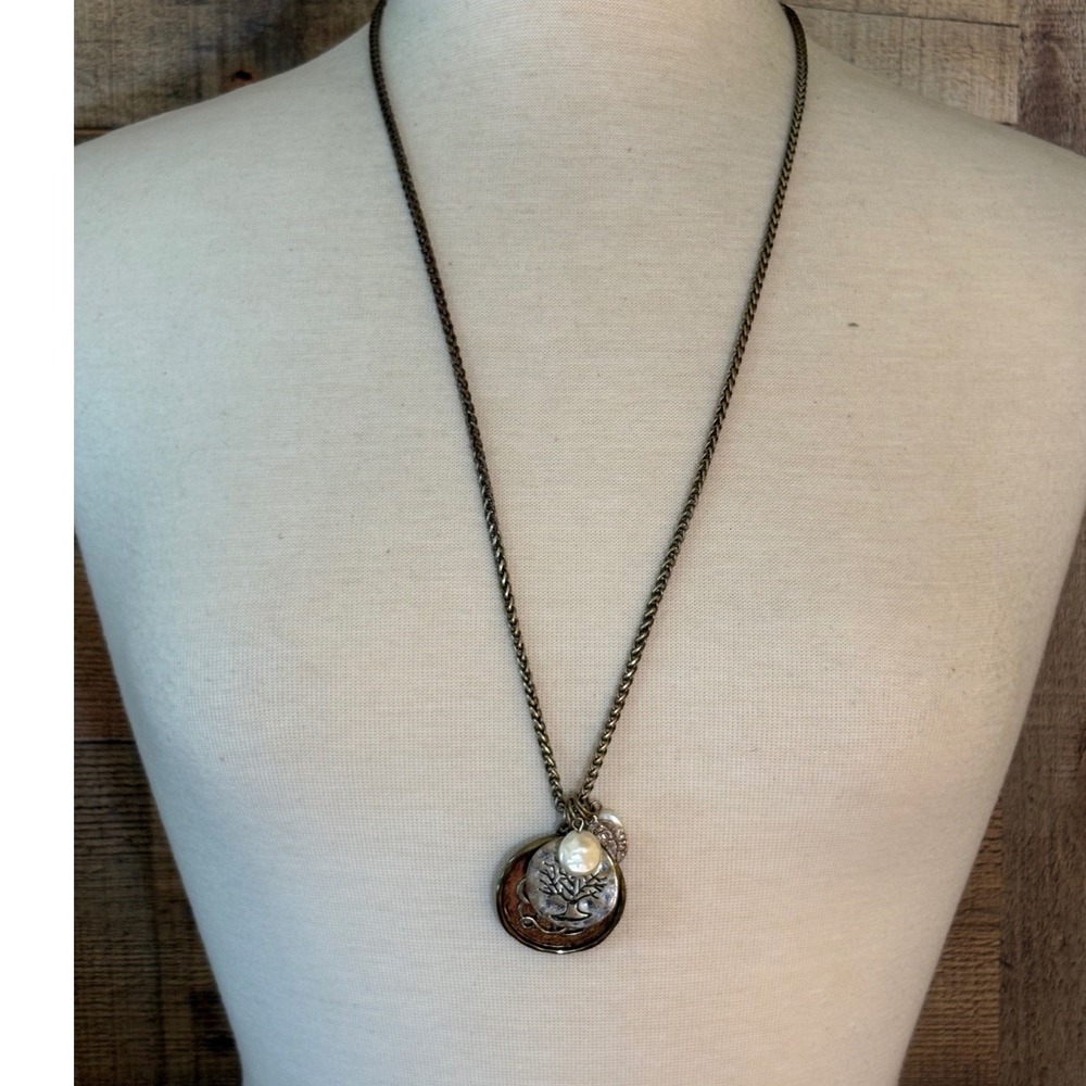 Mixed Metal Tree of Life Pearl Charm Necklace Antiqued Bronze Silver Tone